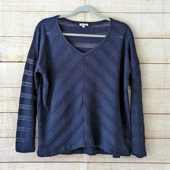 Splendid Size Medium Blue Sheer Knit Blouse Stripe V-Neck Career Top - Picture 1 of 10